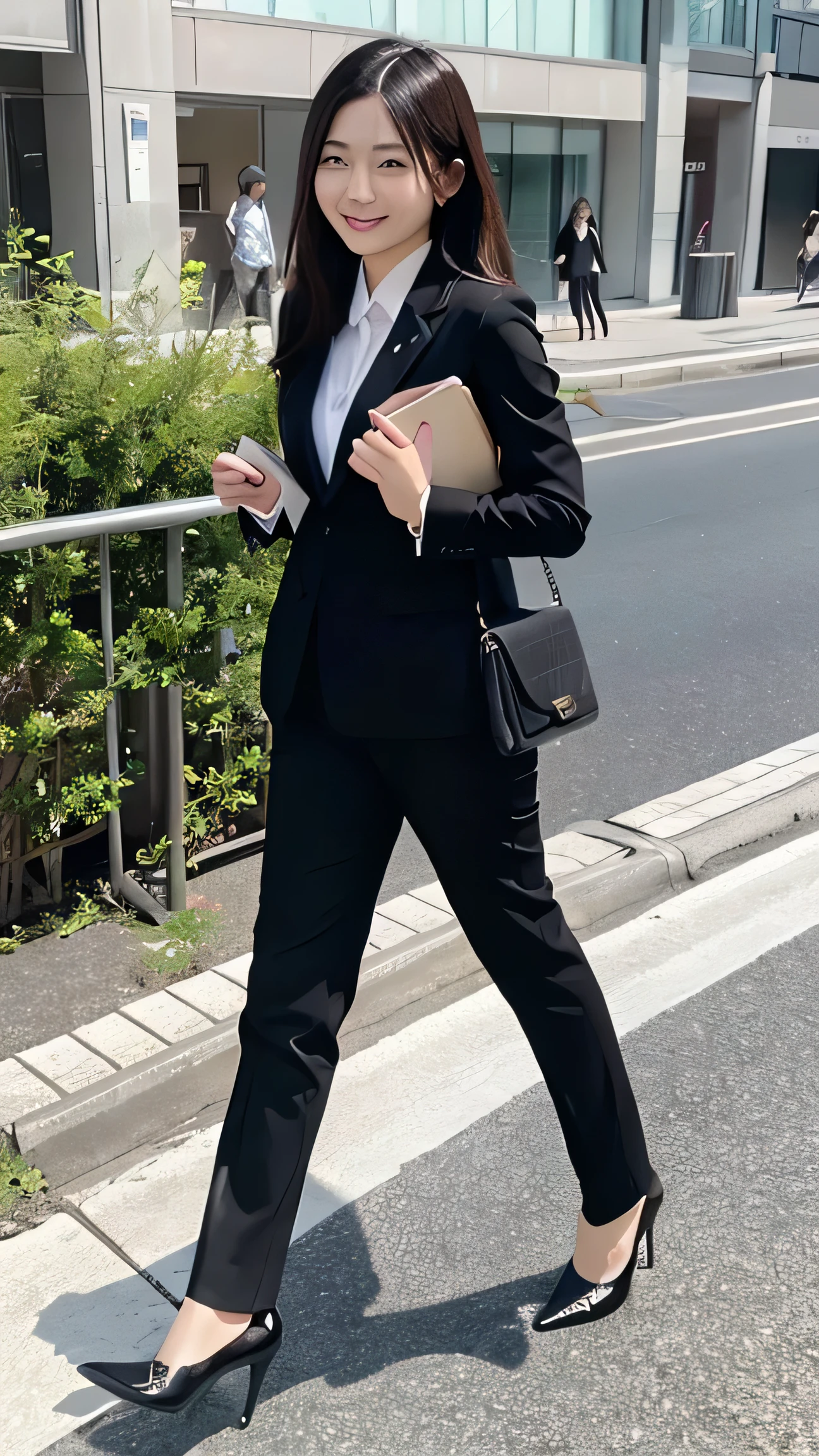 Social People、woman、Black business suit、Photograph the whole body、Walking on the sidewalk、Morning commute、smile