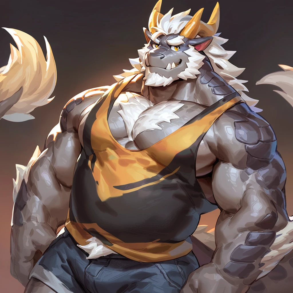 Solo, Anthro, male (((solgaleo, lion, blue sclera, muscular, big pecs, abs, yellow nipples, white fur, black body, black nose, multicolored body, multicolored fur, multicolored mane, white mane, mane, grey pecs, black chest, black abdomen, white arms, white legs, 5 fingers, tail, white tail, yellow tipped tail, markings, orange tipped mane, orange speedo, big bulge))) standing, pokemorph, biped ((focus grey abdomen, focus solgaleo, focus grey chest)) full body, perfect anatomy, by darkgem, by mystikfox61, by glitter trap boy