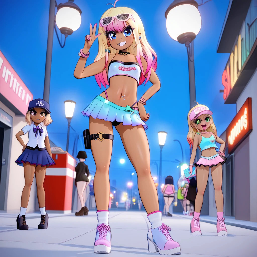 (masterpiece), best quality, highly detailed faces, (SHARP details), 4k, highly detailed, expressive eyes, SHARP detail expressive eyes, (SHARP detail perfect face), By mantis-x, gyaru, young girls, small breasts, playful smile, prostitue, billboards, full body shot, slutty clothes, standing, ((dark skin)), slutty, red light district, long hair, ((nighttime)), (multiple girls), wearing prostitute outfit, skimpy tube top, micro skirt, street, offering sex, lantern, night sky,