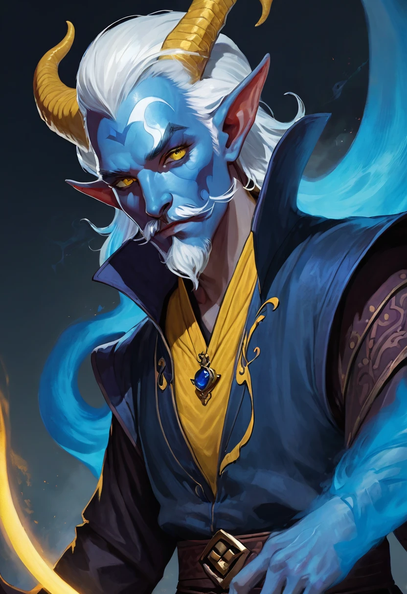 masterpiece, Best quality, A high resolution, fantasy, D&D, Tiefling Man, with blue skin, white hair, thin build, yellow eyes, with goatee and mustache, sorcerer, One character