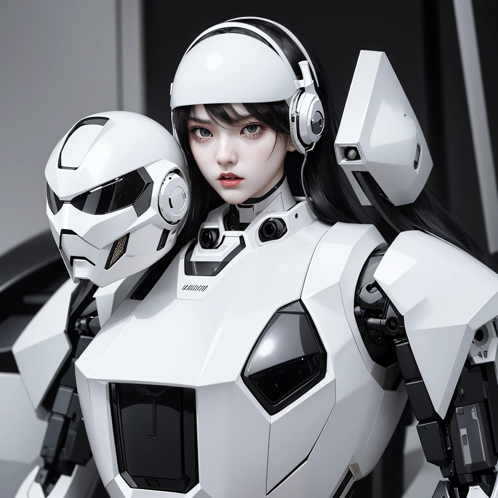 a girl with a full black cyborg body, featuring sleek and high-tech components. She has short black hair, black  eyes, and an angry expression. She is wearing a mecha helmet that partially obscures her face, with her polished mechanical limbs and torso emphasizing her intense emotions, (((white mecha helmet))), ((white cyborg body)), ((white mecha headphone)), 