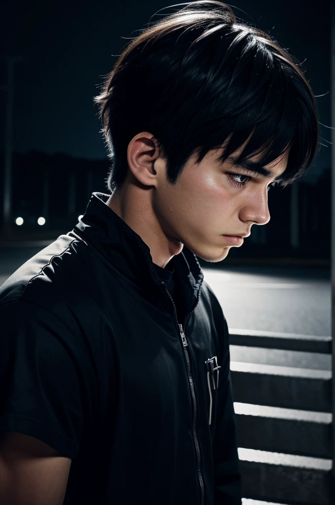 Generate an image of a sad anime boy looking down in a dark theme with a sad background.
