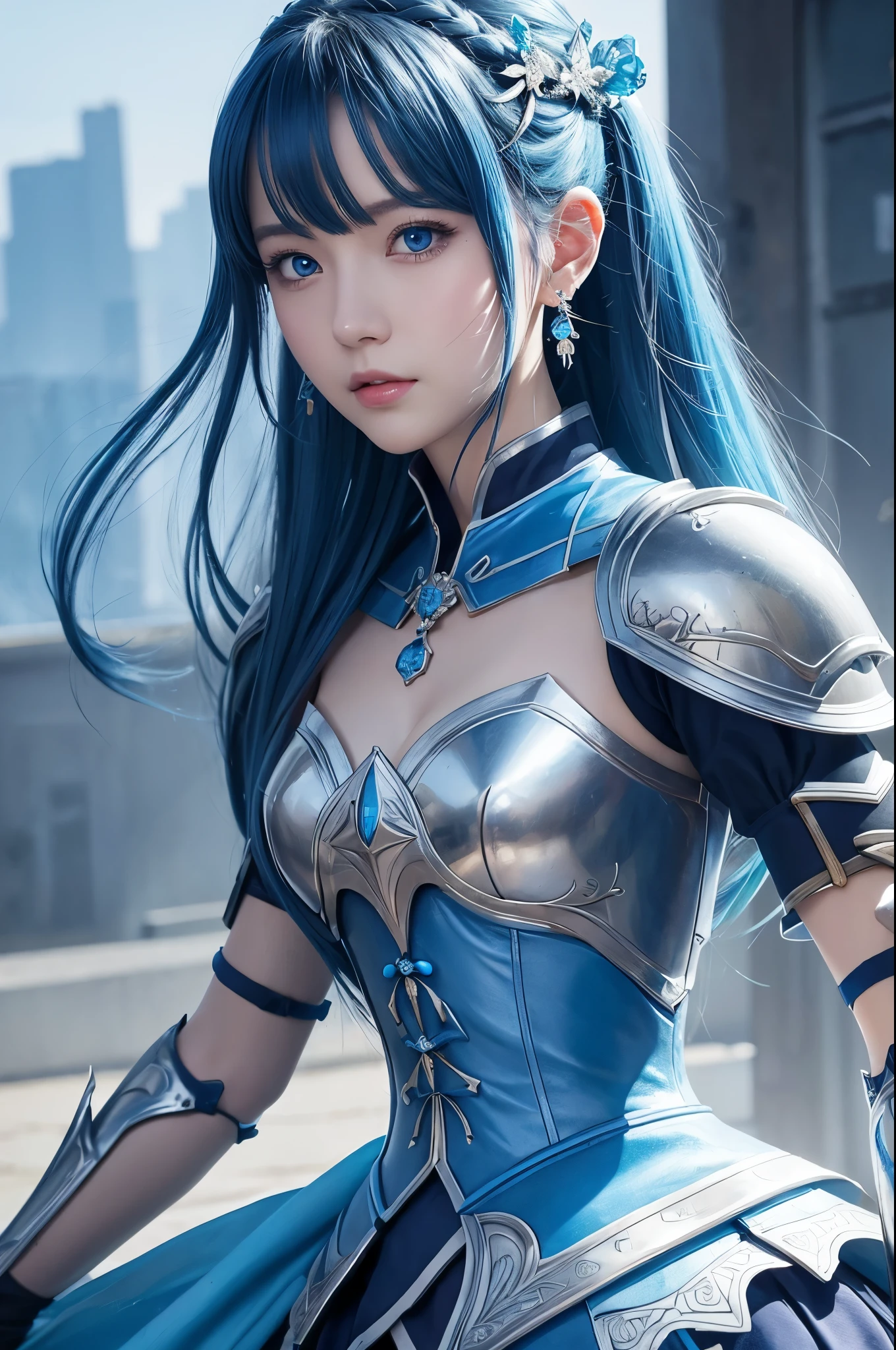 8k,Close-up of a woman in a blue and white dress、Draw your sword,Shiny blue hair, Super Beauty,(Like the real thing)blue eyes,ponytail,Chengwei Pan at Art Station、 By Yang Jo、 Detailed fantasy art、Amazing character art、 Fan Art Best Art Station、 Gorgeous and detailed character art、 Beautiful Armor、Highly detailed art gems、 Detailed digital animation art、 Art Station pixiv&#39;s artgerm、 Girl in armor,Dynamic Angle,Ultra-high resolution,Laugh out loud,Realistic Skin,attractive,Sexy,Active,Rich colors, Backlight, Cinema Lighting, Film Grain, 50mm lens, Nikon D850,Ultra-high resolution,Ultra-realistic,compensate,Super sexy,Big eyes,Beautiful breasts,Dynamic pose,Big smile,