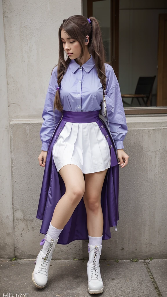 ((masterpiece, best quality))1girl, solo, fashion purple dress modern future, electric guitar, headphones, ponytail, holding, holding plectrum, instrument, very very long brown hair rapunzel, music, one side up, teal hair, twin tails, playing guiter, pleated long skirt fashion, fashion dress modern purple and white, interior, full body, purple, sit down in retro classic chair, walking, jumping, beautiful boot modern, background japan city,  fashion costume cosplay japan modern