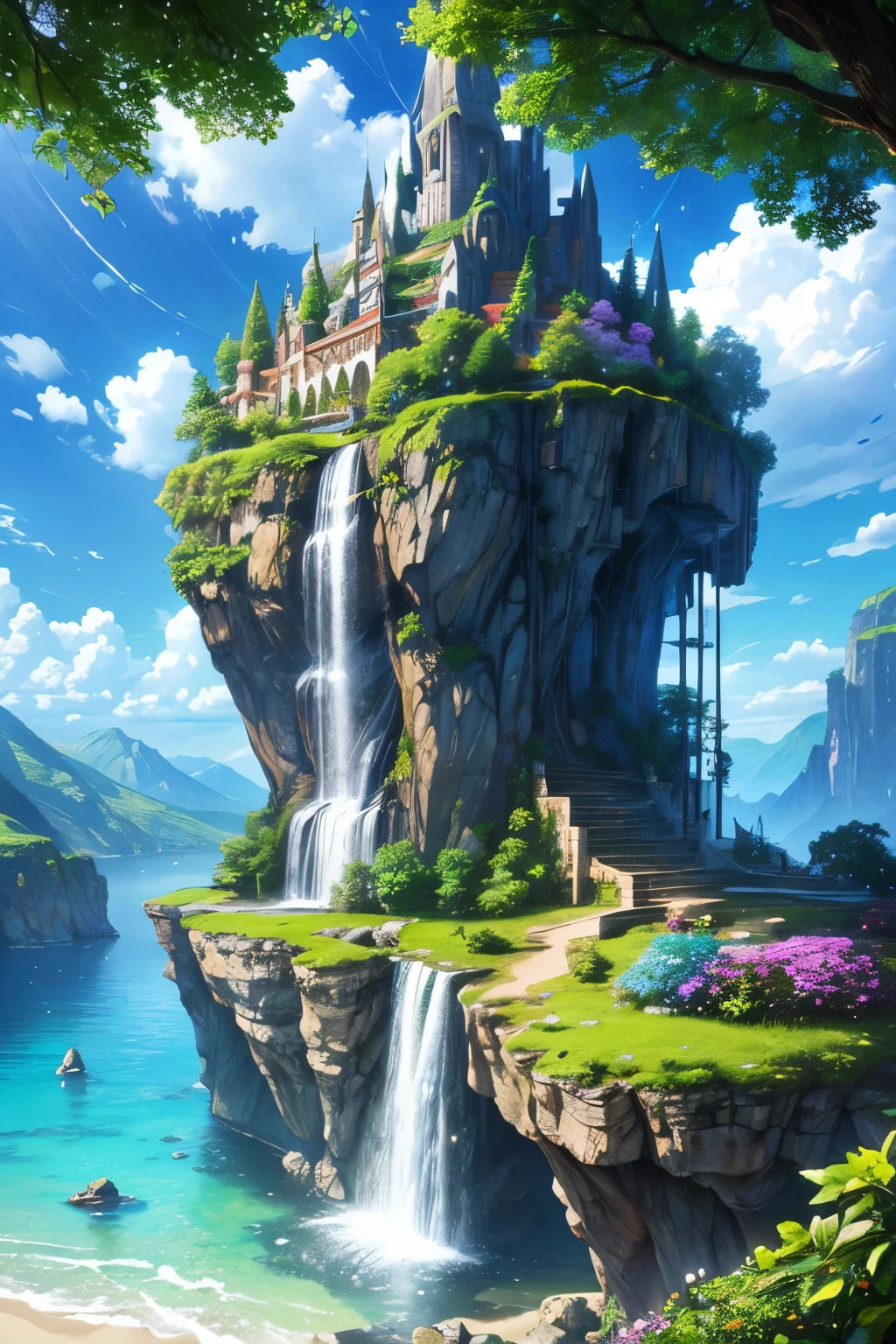 a colorful carefree world, vibrant colors, lush luscious nature, paradise-like landscape, fantasy world, surreal dreamlike environment, beautiful detailed flowers, flourishing green foliage, sparkling crystal clear waterfalls, glowing fireflies, majestic mountains, fluffy clouds, warm golden sunlight, serene peaceful atmosphere, magical whimsical feeling, striking vivid colors, dreamlike ambiance, stunning detailed scenery, captivating enchanting landscape, (best quality,4k,8k,highres,masterpiece:1.2),ultra-detailed,(realistic,photorealistic,photo-realistic:1.37)