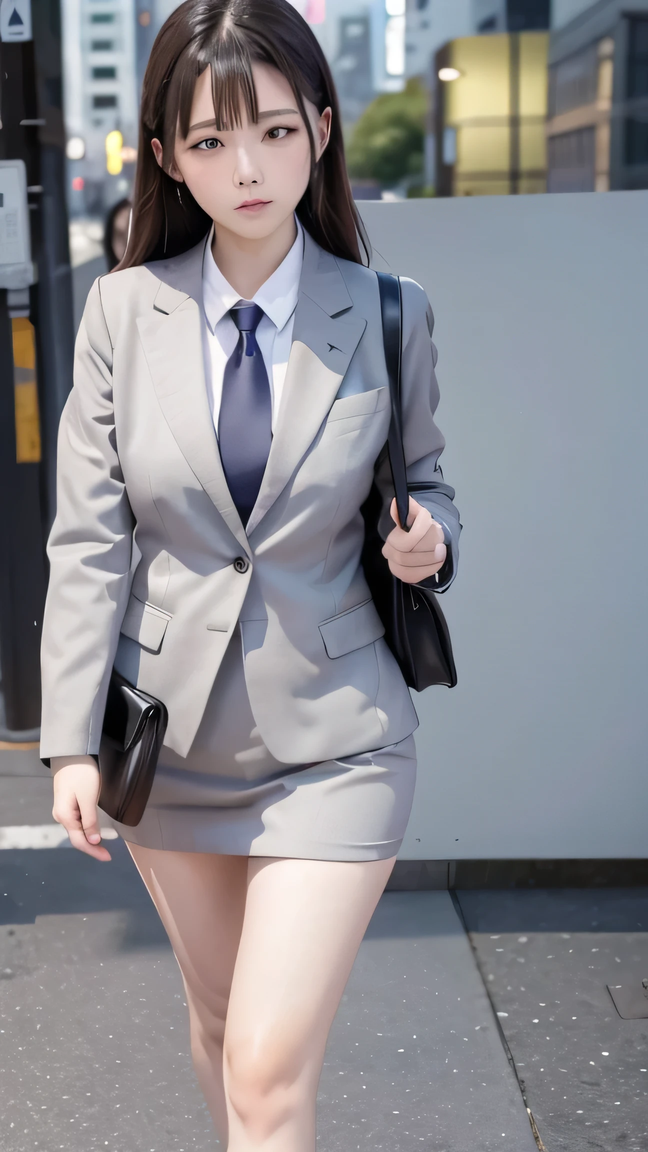 Social People、woman、Gray business suit、Photograph the whole body、walking in the business district、evening、Tired face