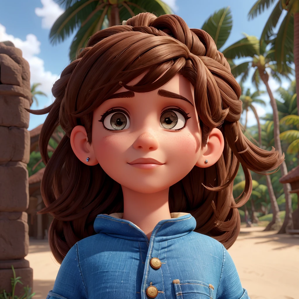 Rosto redondo, olhos castanhos claros, big eyelashes, cor de pele branca, cabelo castanho longo e liso, piercing no nariz, regata branca, shorts jeans, sandalia branca
