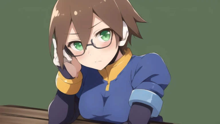Aile_Megamanzx, 1 Girl, looking at viewer, Brown hair, Green eyes, Simple background , Blushed , Leaning on a table , Glasses , sharped Eyes