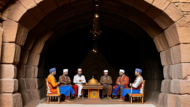 There is a cave in the middle of the mountains. Maharana Pratap is sitting on a small seat holding a sword. The ministers are sitting below him. Maharana Pratap and the ministers are conferring with each other.