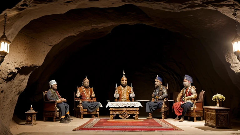 There is a cave in the middle of the mountains. Maharana Pratap is sitting on a small seat holding a sword. The ministers are sitting below him. Maharana Pratap and the ministers are conferring with each other.
