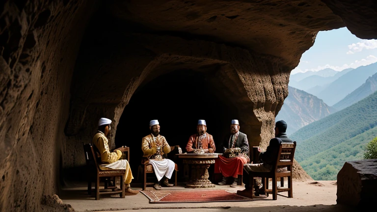 There is a cave in the middle of the mountains. Maharana Pratap is sitting on a small seat holding a sword. The ministers are sitting below him. Maharana Pratap and the ministers are conferring with each other.