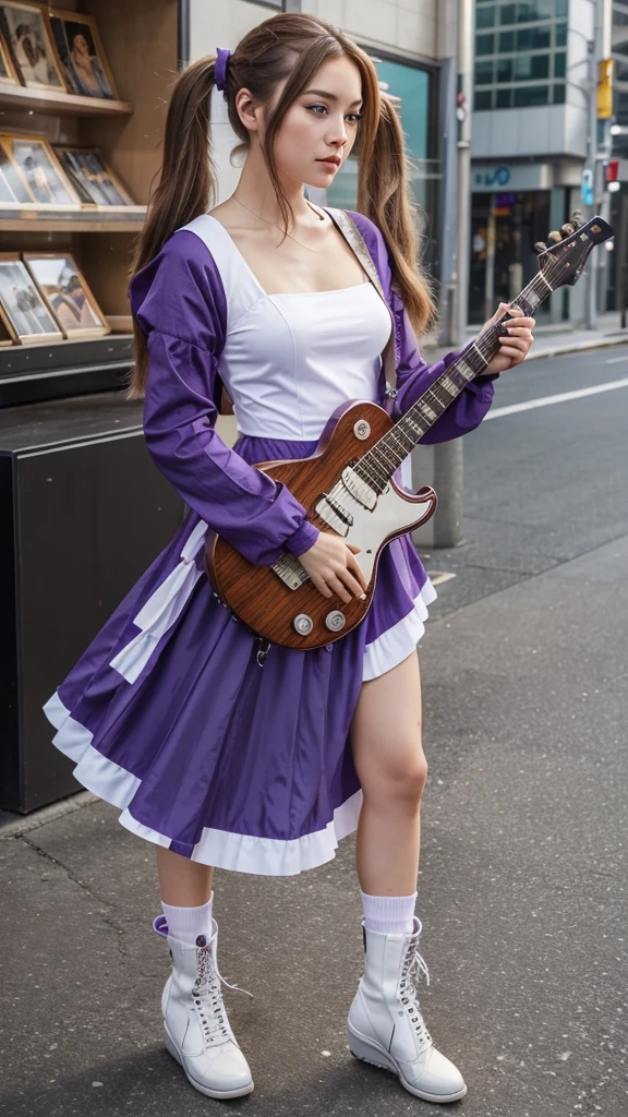 ((masterpiece, best quality))1girl, solo, fashion purple dress modern future, electric guitar, headphones, ponytail, holding, holding plectrum, instrument, very very long brown hair rapunzel, music, one side up, teal hair, twin tails, playing guiter, pleated long skirt fashion, fashion dress modern purple and white, interior, full body, purple, sit down in retro classic chair, walking, jumping, beautiful boot modern, background japan city,  fashion costume cosplay japan modern