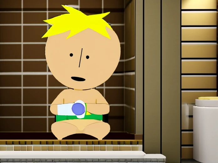 Butters Stotch holding Penis sitting at Toilet in Bathroom 