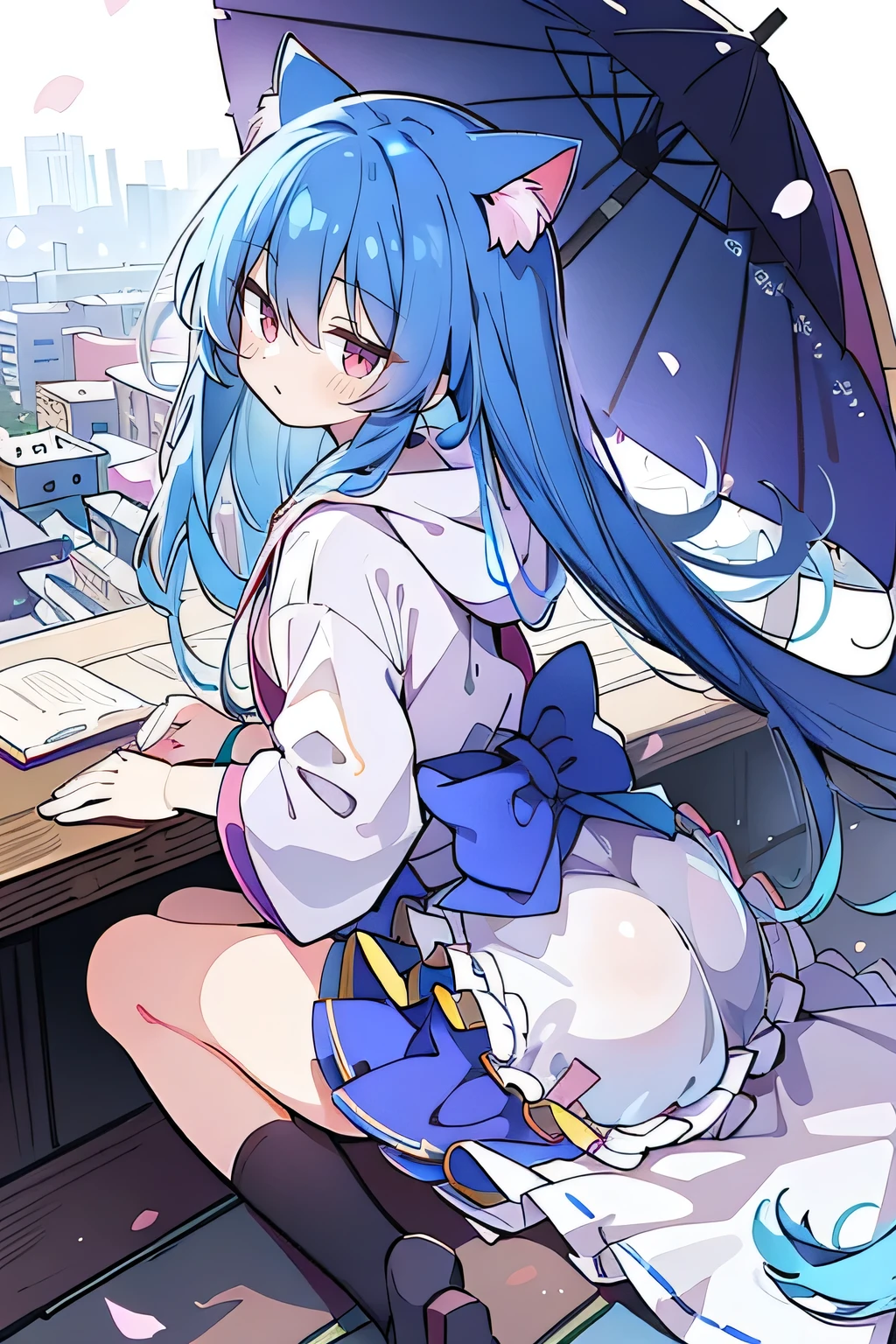 (masterpiece:1.2),Super detailed,lifelike,Expressive eyes,fair skin,perfect face shape,1 girl,
Japanese comics,Gorgeous blue hair,flowing blue hair,flowing clothes,Cat ears,Petals fall,beautiful lola,Baby Angel,
Cross your legs,Gentle and peaceful background,The pavilion is cool and comfortable,smile, wearing hoodie, background of tokyo,back views,snowing, winter.