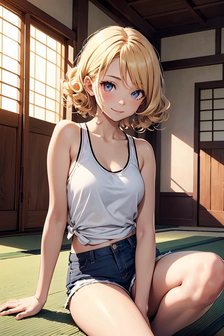 ((1 Girl)), tatami, Cheerful smile, Cute latest fashion trends, White tank top, Shorts, indoor, countryside, sitting cross-legged, D Cup, Street fashion,(Cowboy Shot) ,((Very detailed,Highest quality, High resolution, 8k wallpaper, Beautiful clothes,)),((Blonde, Curly hair that curls outwards, Short Hair)), eye shadow, eyeliner,Light purple eyes, Very detailedな目, Clear Eyes, Beautiful Eyes, -yeld gi