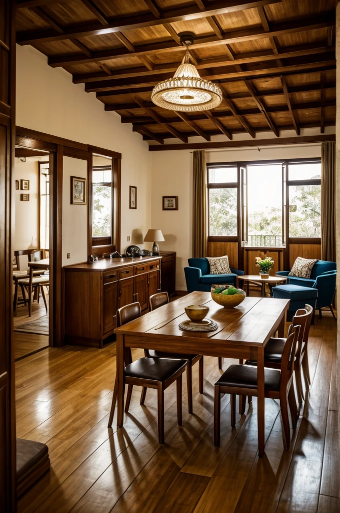 Interior of a house from the 1940s, mostrar un comedor con dos sillas y una sala de madera con un radio en un brazo del sillon, en el medio del comedor y la sala un reloj
