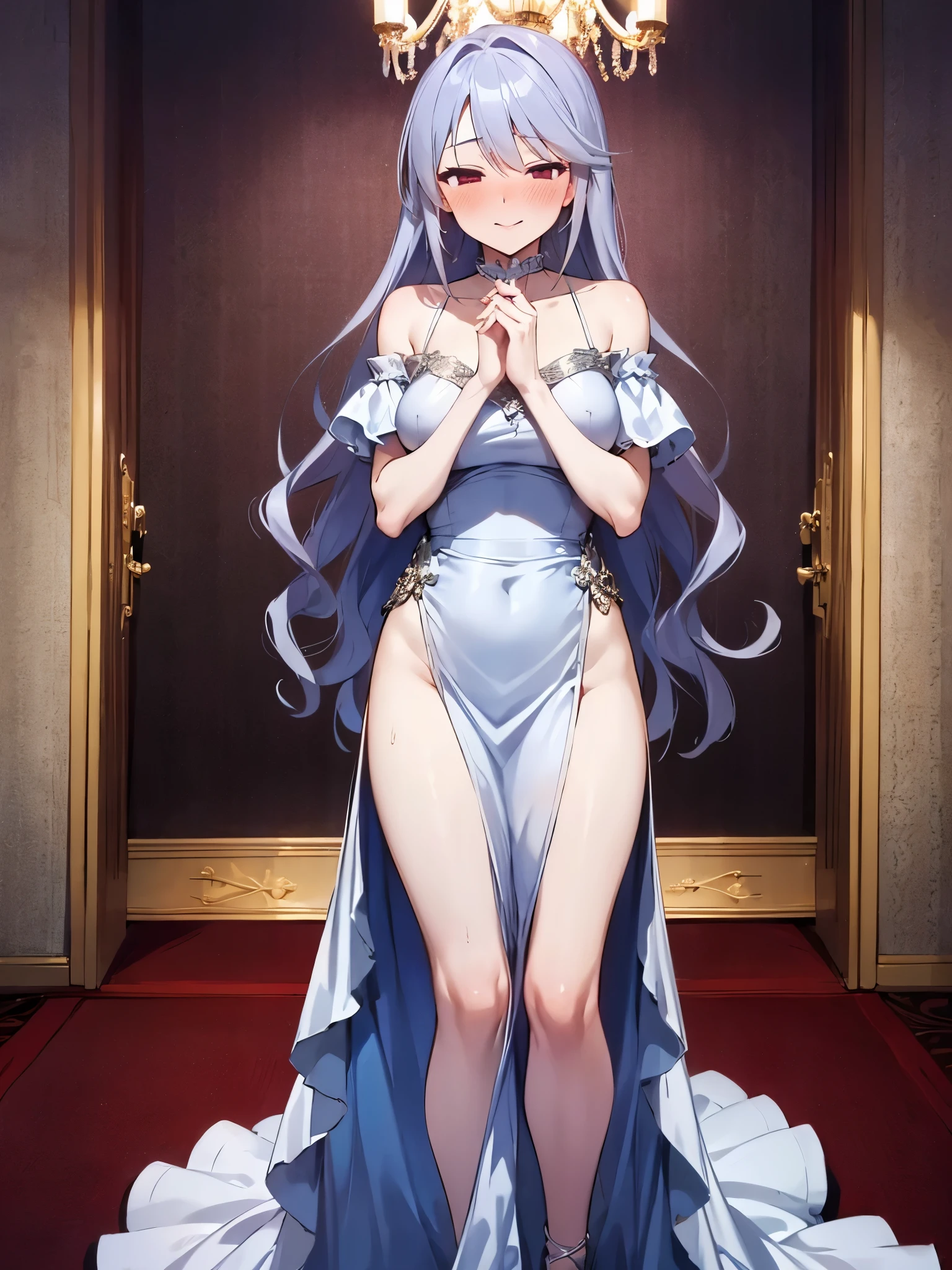 NSFW,Kazuki Kazami、Silver Hair、Long Hair、Red Eye、(Quality long dresses:1.5),(Perfect hands),(Perfect Anatomy),(masterpiece),(Highest quality),Embarrassed,blush,Luxurious mansion,chandelier