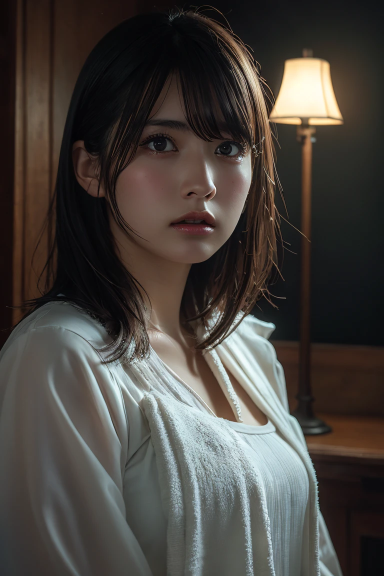 A woman with beautiful detailed eyes, beautiful detailed lips, and extremely detailed face and long eyelashes, standing in a dimly lit interior of an old mansion, with a lamp illuminating her cheek, wrapped in a towel after a bath, looking directly at the viewer, highly realistic, photorealistic, 8k, best quality, masterpiece, vivid colors, sharp focus, physically-based rendering, extremely detailed description, cinematic lighting, dark and moody atmosphere, dramatic chiaroscuro lighting.