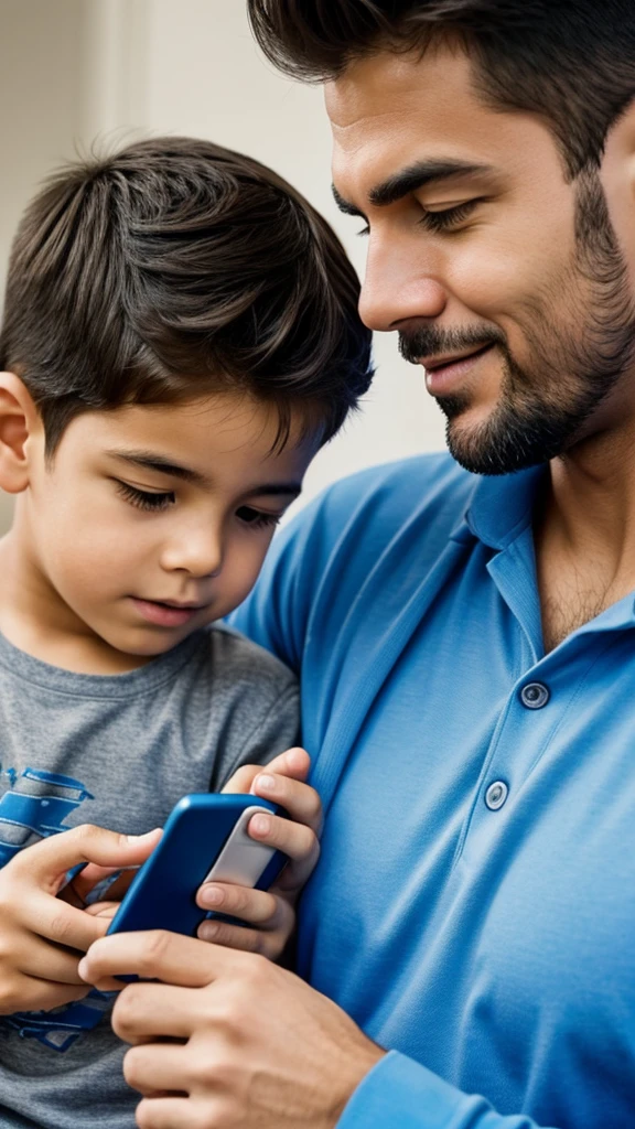 elements that evoke technology and family, like a father and son using a mobile phone together. Poner la palabra MOVICELL como logo de su ropa