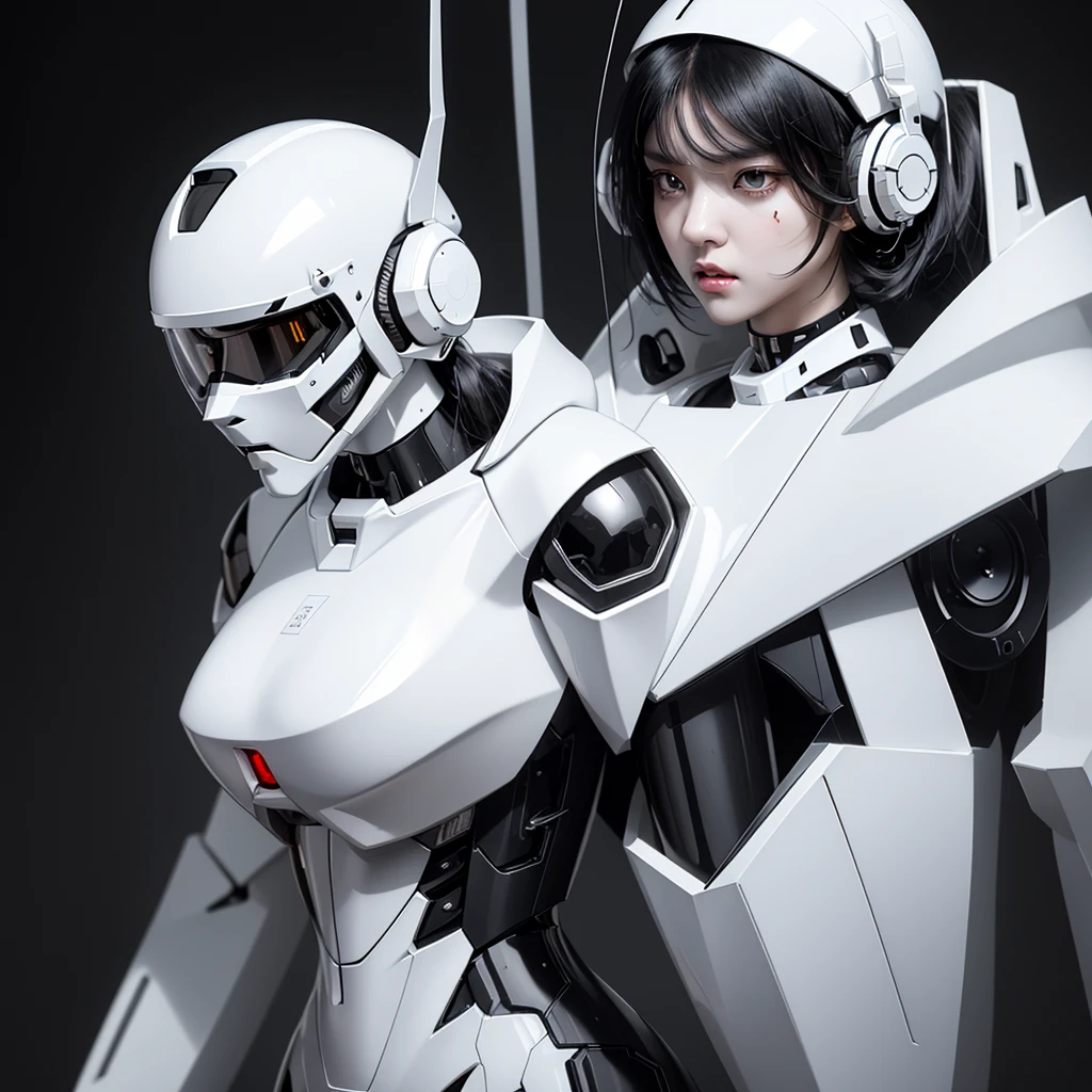 a girl with a full black cyborg body, featuring sleek and high-tech components. She has short black hair, black eyes, and an angry expression. She is wearing a mecha helmet that partially obscures her face, with her polished mechanical limbs and torso emphasizing her intense emotions, (((white mecha helmet))), ((white cyborg body)), ((white mecha headphone)),