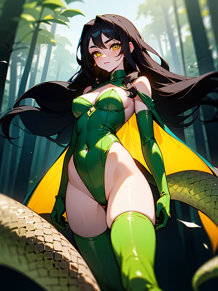 (dark hair with slight blue hue, long hair) , yellow slit eyes, in forest, tight leotard,open on abdomen from cleavage to below belly button with belly showing, massive tits, small green cape over her right shoulder, thigh-high boots, green gloves, snake tattoo on left leg