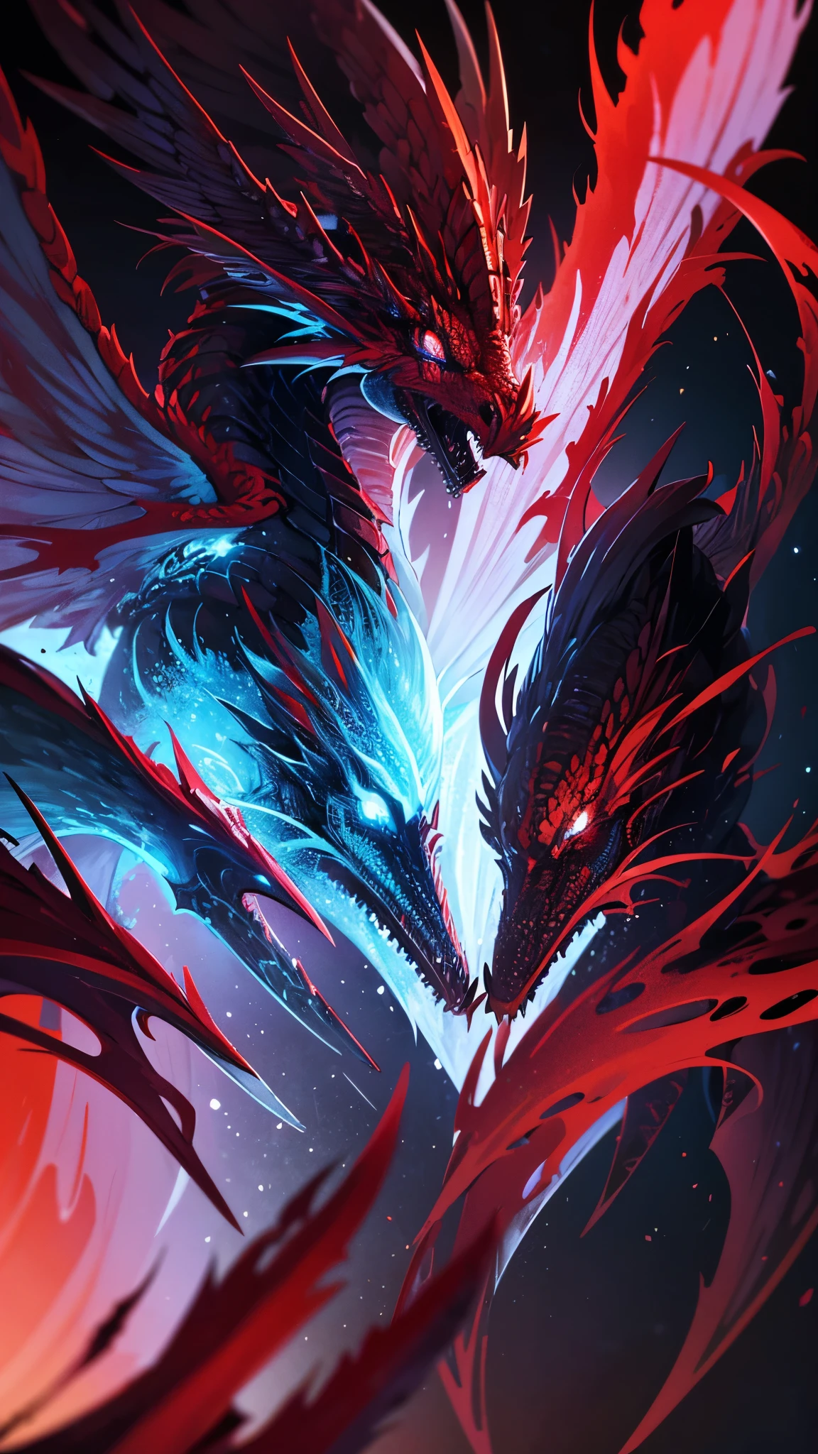 Theme: ice dragon,a powerful majestic red and white dragon with 2 pair of wings, realistic, masterpiece, detailed, fantastical, imaginative, powerful, strong, black background, intricate scales, glowing eyes, sharp claws, mythical creature, Indonesia inspired, dramatic lighting, photorealistic