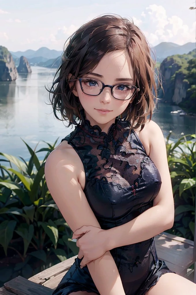 NSFW:1.5,最high quality, high quality, High resolution, high quality texture, high quality shadows, High resolution, Beautiful details, Detailed CG, Detailed Texture, Realistic representation of face, Realistic, colorful, delicate, Cinematic Light, Side light, Lens flare, Ray Tracing, sharp concentrated, (1 Girl,concentrated:1.3), ( Intricate details, compensate, PureErosFaceV1:0.5), (細部まで美しいdelicateな顔, 緻密で美しいdelicateな瞳, Perfect Facial Proportions, Dense skin, Optimal ratio of four fingers to one thumb,  Beautiful breasts, Beautiful Hips, Smooth upper abdomen, Tilt,Blue Eyes　Glasses　Mature Woman　Ao dai Halong Bay　cruising　adventurous journey　gaze of love, impregnate me, lips of temptation, A sweet smile, 30 years old, full body figure
