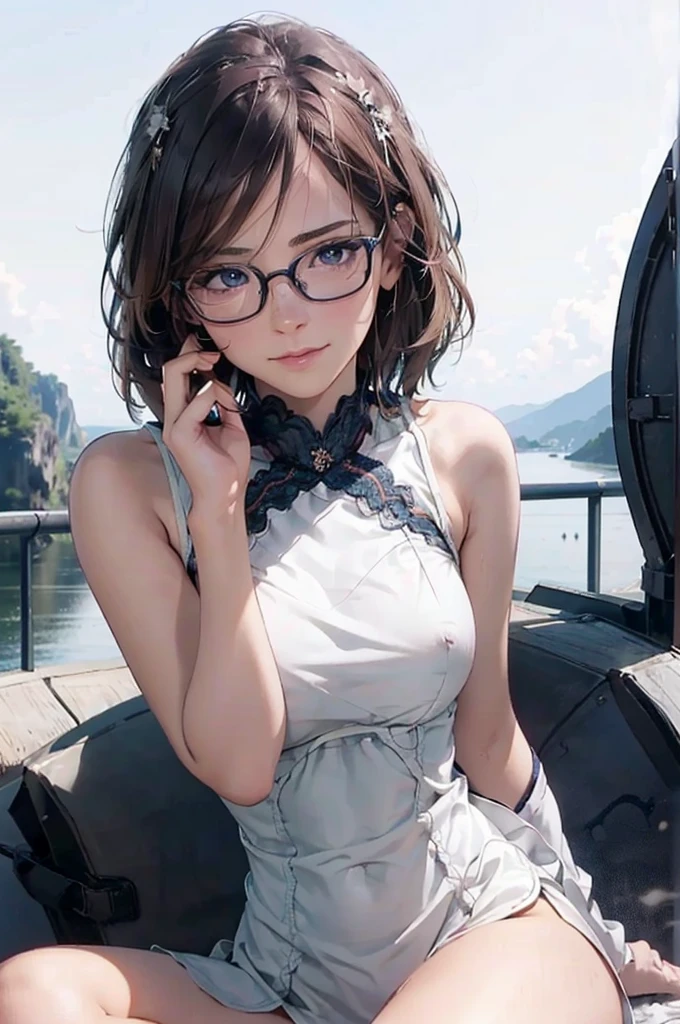NSFW:1.5,最high quality, high quality, High resolution, high quality texture, high quality shadows, High resolution, Beautiful details, Detailed CG, Detailed Texture, Realistic representation of face, Realistic, colorful, delicate, Cinematic Light, Side light, Lens flare, Ray Tracing, sharp concentrated, (1 Girl,concentrated:1.3), ( Intricate details, compensate, PureErosFaceV1:0.5), (細部まで美しいdelicateな顔, 緻密で美しいdelicateな瞳, Perfect Facial Proportions, Dense skin, Optimal ratio of four fingers to one thumb,  Beautiful breasts, Beautiful Hips, Smooth upper abdomen, Tilt,Blue Eyes　Glasses　Mature Woman　Ao dai Halong Bay　cruising　adventurous journey　gaze of love, impregnate me, lips of temptation, A sweet smile, 30 years old, full body figure