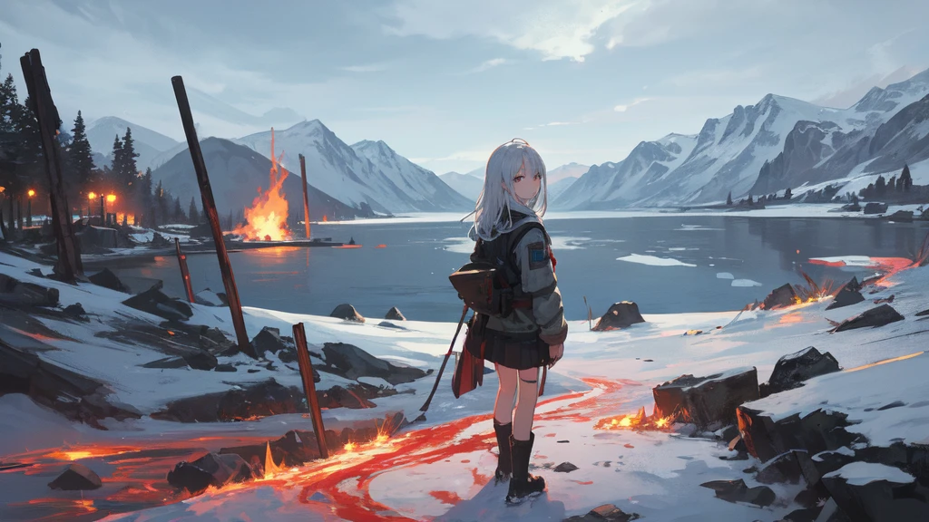 masterpiece:1.2), best quality , solo ,pixiv, anime girl ,long straight white hair , black eyes ,Wearing off-white camouflage uniform ,ten years old,battlefield,Standing in the snowy mountains,(Eyes looking into the distance:1.3),There is a flame burning beside you,(look away:1.5),snowy weather,The girl stands among the deserted snowy mountains,blood on forehead,dirty face,Background mixed with metal fragments:1.2,Backlight,Black lake in the background,Stand on a glacier,Bare rocky peaks , Scrap metal on the snow,The expression is sad