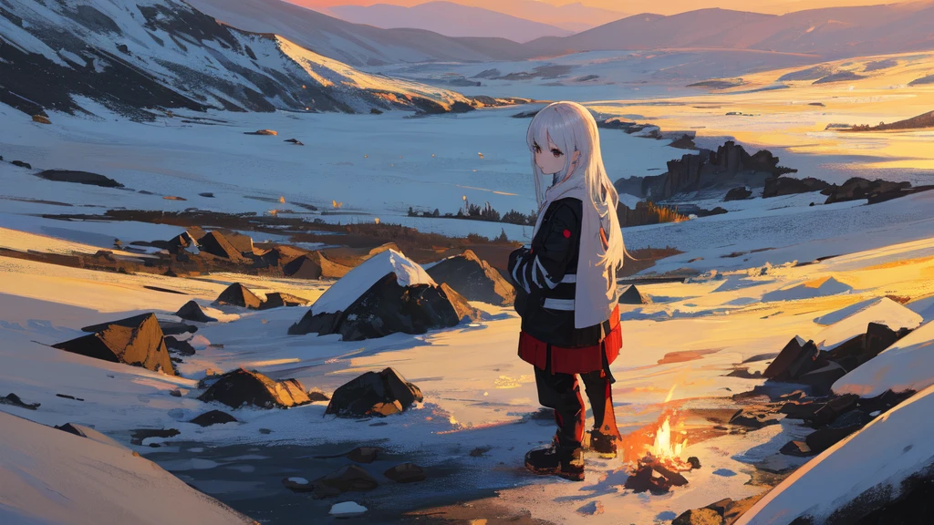 masterpiece:1.2), best quality , solo ,pixiv, anime girl ，long straight white hair , black eyes ,Wearing off-white camouflage uniform ,ten years old，battlefield，Standing in the snowy mountains，(Eyes looking into the distance:1.3)，There is a flame burning beside you，(look away:1.5)，snowy weather，The girl stands among the deserted snowy mountains，blood on forehead，dirty face，Background mixed with metal fragments:1.2，Backlight，Black lake in the background，Stand on a glacier，Bare rocky peaks , Scrap metal on the snow，The expression is sad