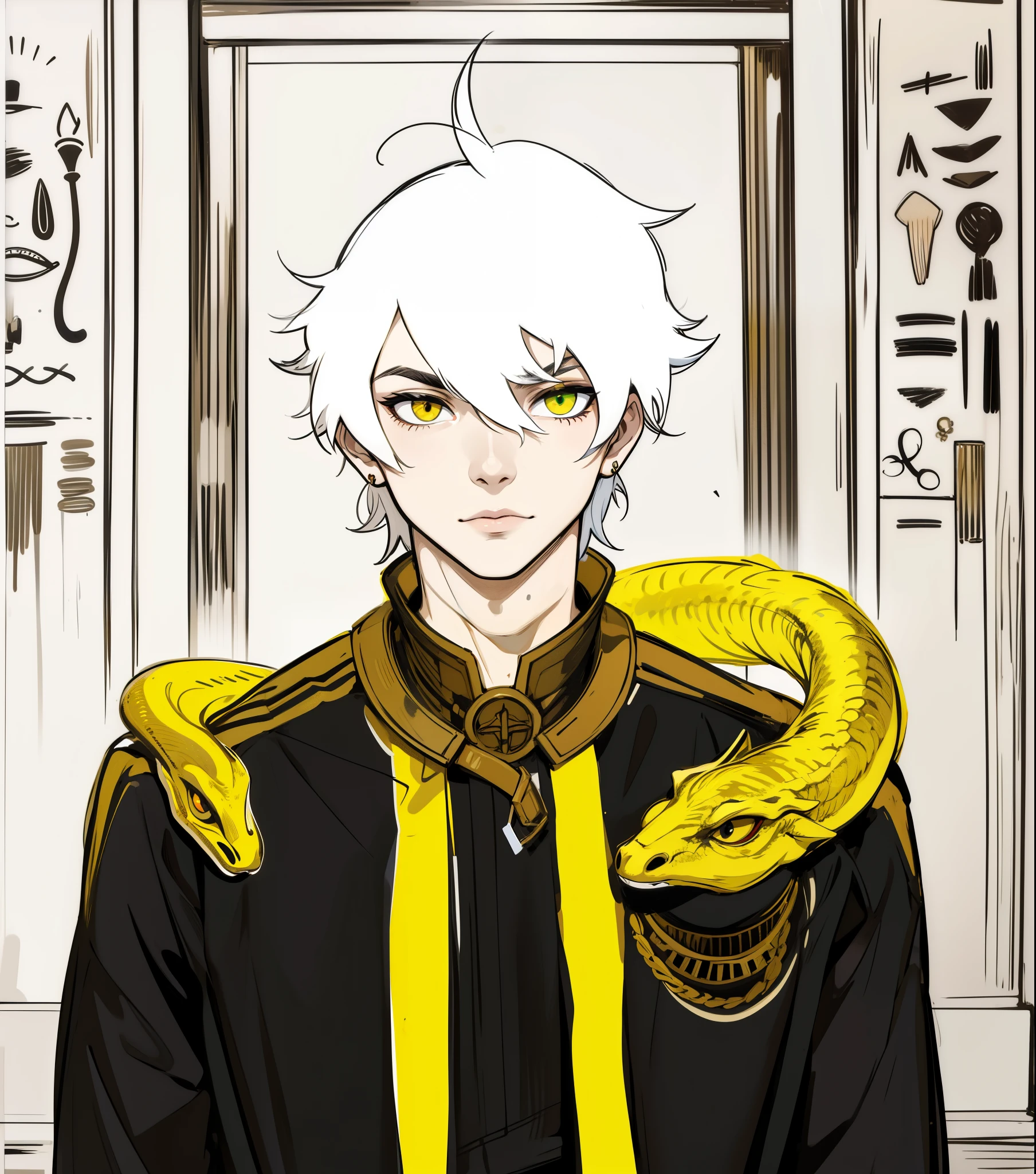 chico intimidante mirada sria desafiante da miedo ojos amarillos cabello de color blanco tiene en su cuerpo srpientes amarrillas traje dorado con negro y amarillo es un dios egipcio