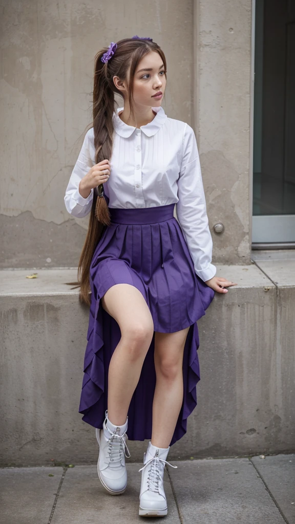 ((masterpiece, best quality))1girl, solo, fashion purple dress modern future, electric guitar, headphones, ponytail, holding, holding plectrum, instrument, very very long brown hair rapunzel, music, one side up, teal hair, twin tails, playing guiter, pleated long skirt fashion, fashion dress modern purple and white, interior, full body, purple, sit down in retro classic chair, walking, jumping, beautiful boot modern, background japan city, fashion costume cosplay japan modern, execited