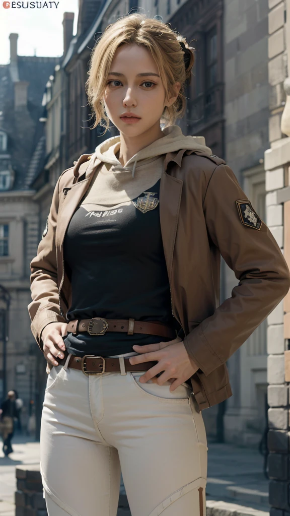 (bestquality,masterpiece), AnnieAOT, solo, hood, hoodie, paradis_military_uniform, jacket, uniform, emblem, feathers, upper body, thigh, hands on hip, emblem, belt, thigh strap, pants, white pants