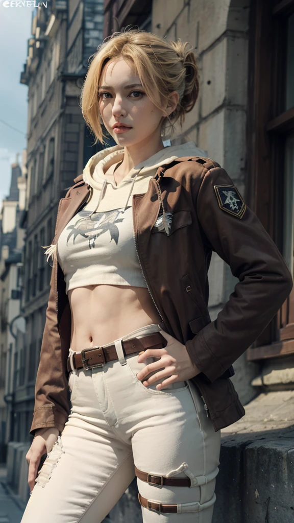 (bestquality,masterpiece), AnnieAOT, solo, hood, hoodie, paradis_military_uniform, jacket, uniform, emblem, feathers, upper body, thigh, hands on hip, emblem, belt, thigh strap, pants, white pants