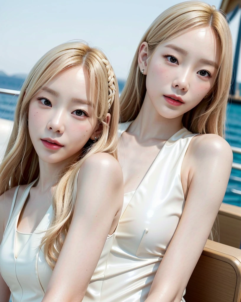 kimtaeyeon,woman,smile,happy,perfect photography,Nikon RAW photo,8 k,Fujifilm XT3,(long hair),(ash blonde),(close-up photo:1.2),(upperbody:0.5),(look at viewer:1.2), octane render, 35mm, bokeh, 9:16, (intricate details:1.12), hdr, (intricate details, hyperdetailed:1.15), realistic, (natural skin texture, hyperrealism, soft light, sharp:1.2), masterpiece, best quality, realistic, photorealistic,ultra detailed,perfect lighting,slim,portrait photo,beautiful blue sky, (latex dress:1.2) with golden accessories, (ootd), (yacht deck:1.2),(golden hour), sleeveless,