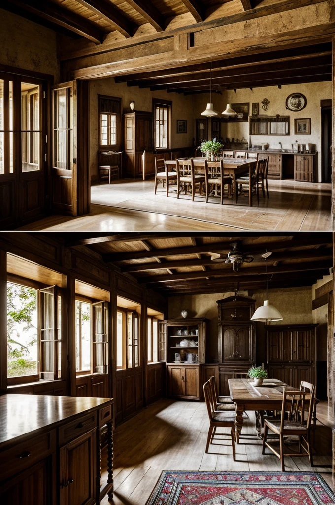 Interior of a house from the year 1940, mostrar un comedor antiguo con dos sillas y una sala de madera antigua con un radio antiguo en un brazo del sillon, en el medio del comedor y la sala un reloj antiguo