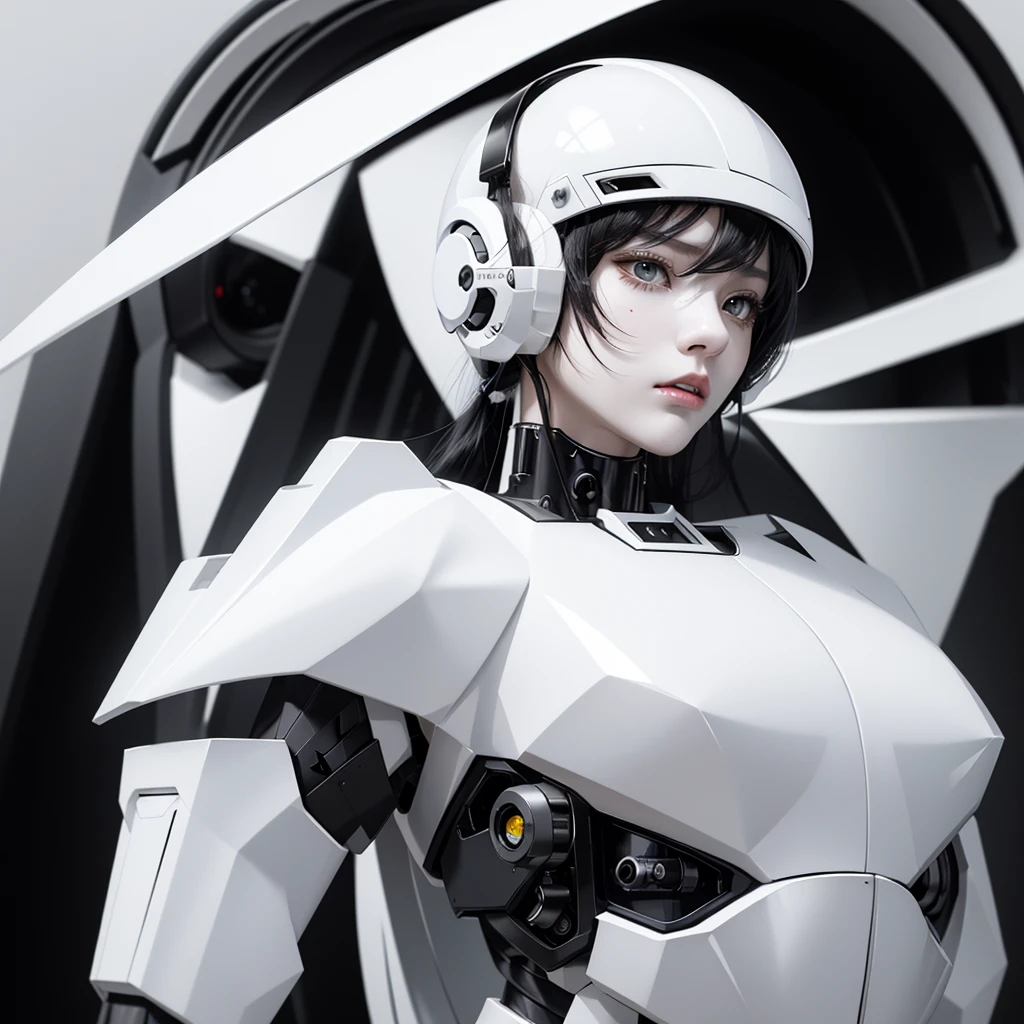 a girl with a full black cyborg body, featuring sleek and high-tech components. She has short black hair, black eyes, and an angry expression. She is wearing a mecha helmet that partially obscures her face, with her polished mechanical limbs and torso emphasizing her intense emotions, (((white mecha helmet))), ((white cyborg body)), ((white mecha headphone)),