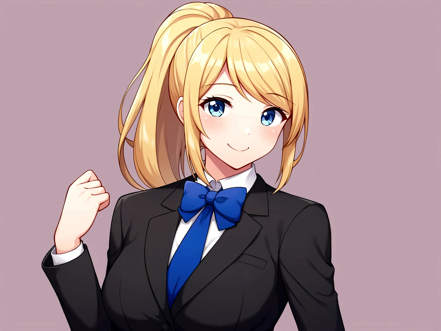 A cute girl with a blonde ponytail, dressed in a formal black suit, smiling cheerfully in front of a bank