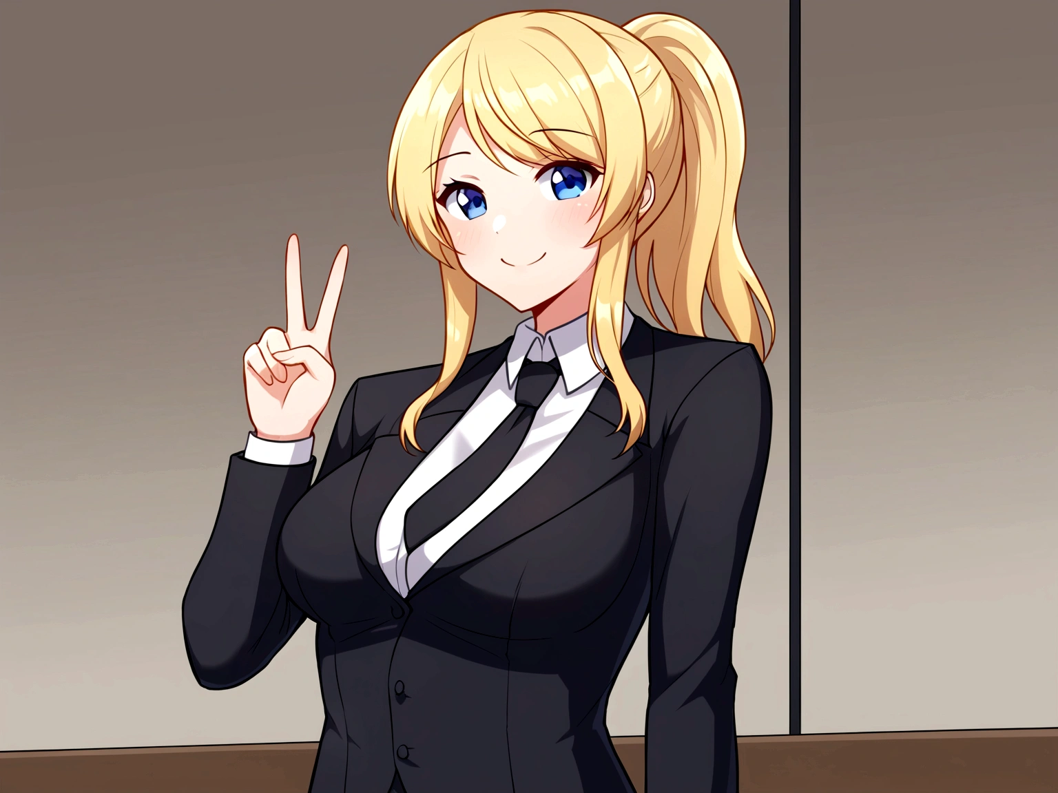 A cute girl with a blonde ponytail, dressed in a formal black suit, smiling cheerfully in front of a bank
