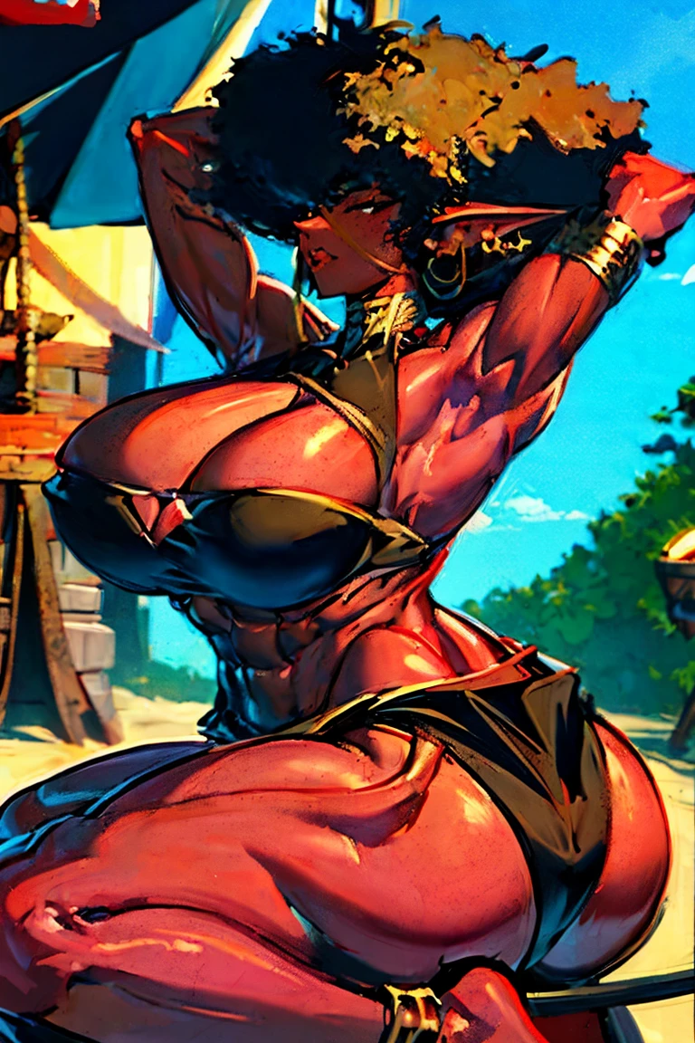 (masterpiece, best quality:1.2),1 girl, voluptuous body, full body, masterpiece, dominant pose, good anatomy, no extra limbs, big ass, thick thighs, black hair, voluminous afro, pointy ears, gold earrings, black top with red details, black skirt with red details, gold necklaces hair covering eyes no eyes