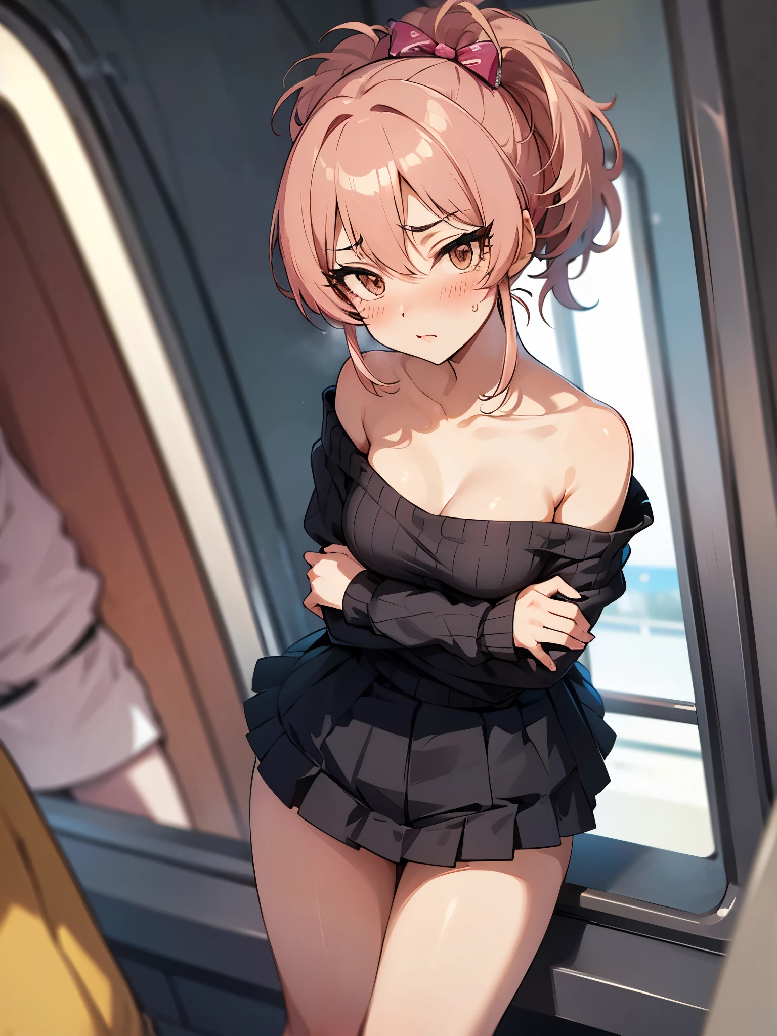 NSFW,Amica、ponytail、Hair Ribbon、clavicle、Off-the-shoulder sweater,Micro Mini Skirt,Heel,(Perfect hands),(Perfect Anatomy),(masterpiece),(Highest quality),Embarrassed,blush,(train:1.5),Molester