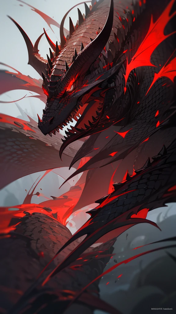 Theme: abyssal silver hell dragon,a powerful majestic red and white dragon with 2 pair of wings, realistic, masterpiece, detailed, fantastical, imaginative, powerful, strong, black background, intricate scales, glowing eyes, sharp claws, mythical creature, Indonesia inspired, dramatic lighting, photorealistic