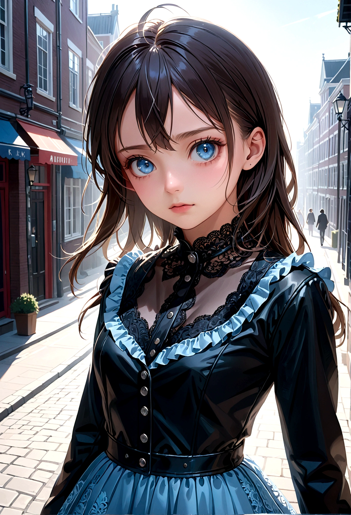 (Black rider jacket:1.1), (masterpiece, Highest quality, pretty girl, Beautiful Face, 8k, RAW Photos, Realistic, Absurd:1.2), s, Cowboy Shot, Dutch Angle, Face Light, Film Grain, chromatic aberration, High resolution, Super detailed, In detail, Light blue ruffle lace dress, Detailed skin, eyes and face, Sharp pupils, Realistic students, Sharp focus, street