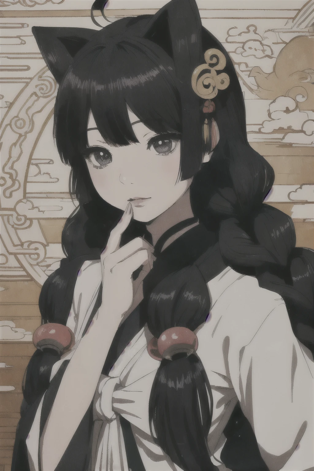 a woman, black long hair, manga style by Torii Kiyomasu, old chinese temple background, anime aesthetic, official anime art, highly detailed, 8k, photorealistic, masterpiece, dramatic lighting, beautiful detailed eyes, beautiful detailed lips, extremely detailed face, long eyelashes, elegant pose, dynamic composition, hanfu, chinese, skinny, some beads and small braids in hair, upper body in frame