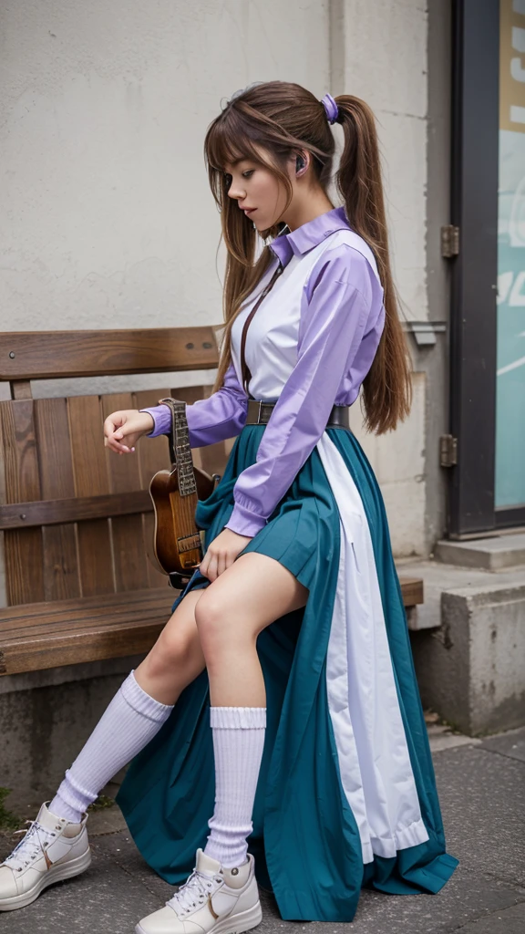((masterpiece, best quality))1girl, solo, fashion purple dress modern future, electric guitar, headphones, ponytail, holding, holding plectrum, instrument, very very long brown hair rapunzel, music, one side up, teal hair, twin tails, playing guiter, pleated long skirt fashion, fashion dress modern purple and white, interior, full body, purple, sit down in retro classic chair, walking, jumping, beautiful boot modern, background japan city, fashion costume cosplay japan modern, execited