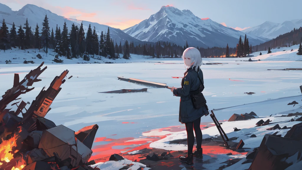 masterpiece:1.2), best quality , solo ,pixiv, anime girl ,long straight white hair , black eyes ,Wearing off-white camouflage uniform ,ten years old,battlefield,Standing in the snowy mountains,(Eyes looking into the distance:1.3),There is a flame burning beside you,(look away:1.5),snowy weather,The girl stands among the deserted snowy mountains,blood on forehead,dirty face,Background mixed with metal fragments:1.2,Backlight,Black lake in the background,Stand on a glacier,Bare rocky peaks , Scrap metal on the snow,The expression is sad