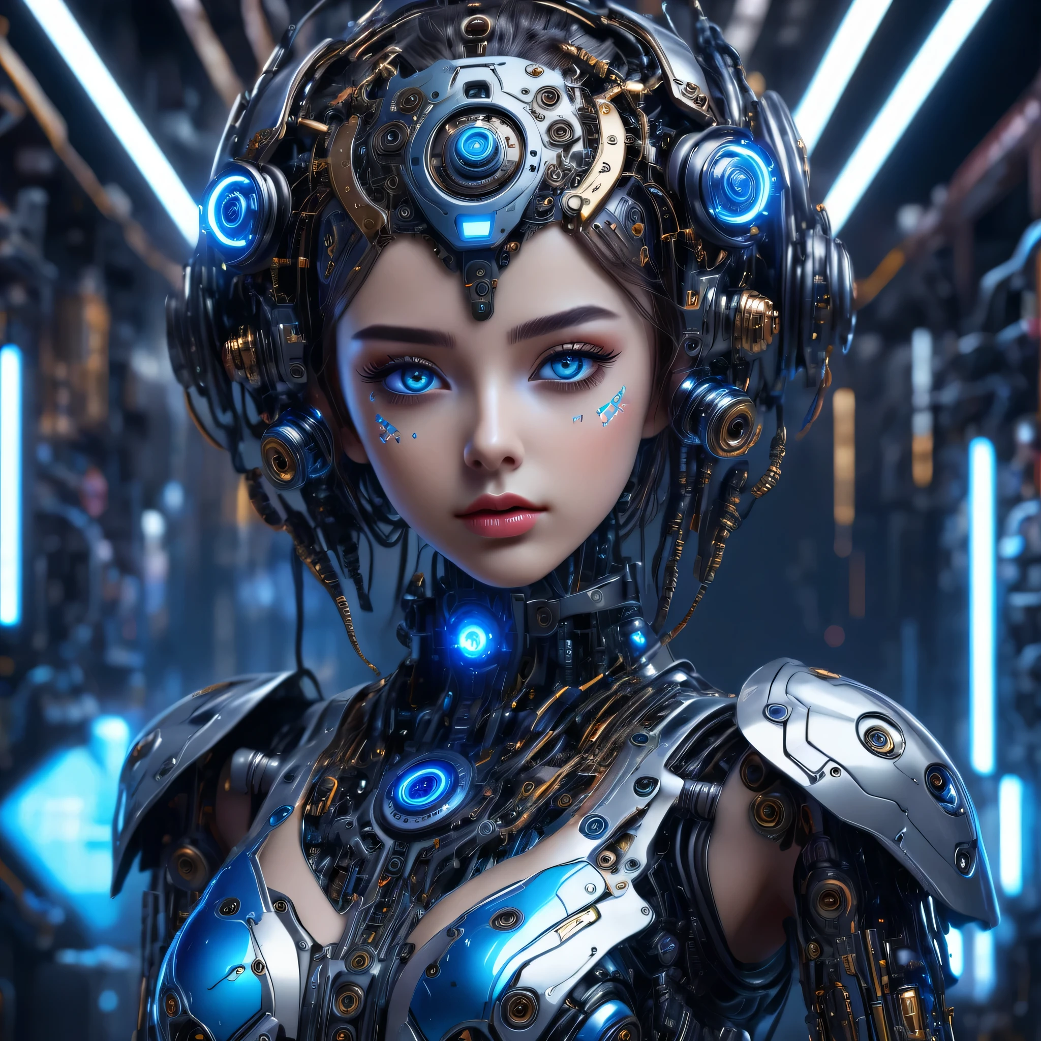 a highly detailed and realistic full body AI girl, beautiful detailed eyes, beautiful detailed lips, extremely detailed eyes and face, long eyelashes, robotic android girl, hyper realistic, intricate machinery, gears, circuits, complex technology, glossy metallic skin, glowing blue LED lights, futuristic cyberpunk style, dramatic lighting, moody atmosphere, photorealistic, 8k, hyper detailed, masterpiece