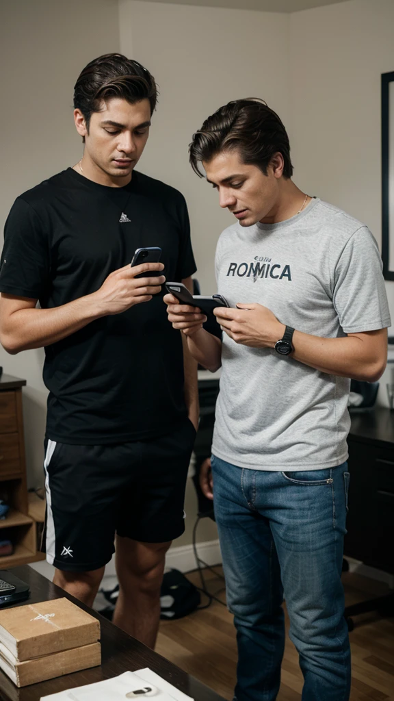 elements that evoke technology and family, like a father and son using a mobile phone together. Poner la palabra MOVICELL como marca de su ropa