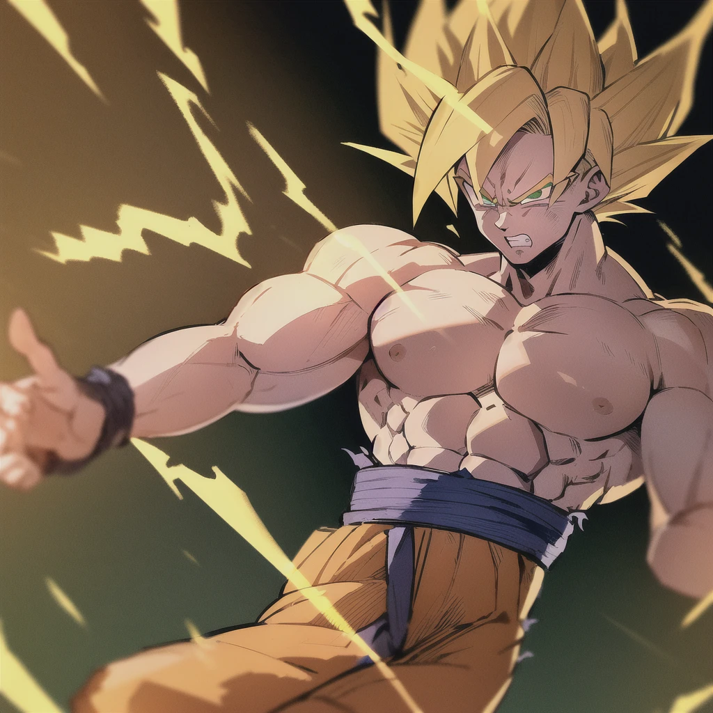 son goku, 1boy, angry, battle damage, blonde hair, blue sash, clenched teeth, furious, green eyes, male focus, muscular, muscular male, pectorals, sash, solo, spiked hair, super saiyan, super saiyan 1, teeth, topless male, torn clothes, wristband, ((masterpiece)) 