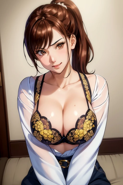 masterpiece, best quality, highest quality, perfect anatomy, highres, ultra-detailed, 8k wallpaper, texture, detail, unique, HDR, extremely detailed CG, Azuma Hisato, 1 girl, Solo, full body, standing, ponytail, brown_hair, Bangs, brown_eyes, 20yo, mature female, looking at viewer, smile, lewd face,, (beautiful_face:1.5),(narrow_waist), big , (yellow Bra)